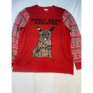 Pugly Christmas Sweater 1X XL Holiday Pug Dog Crewneck Sweater Red Ugly‎